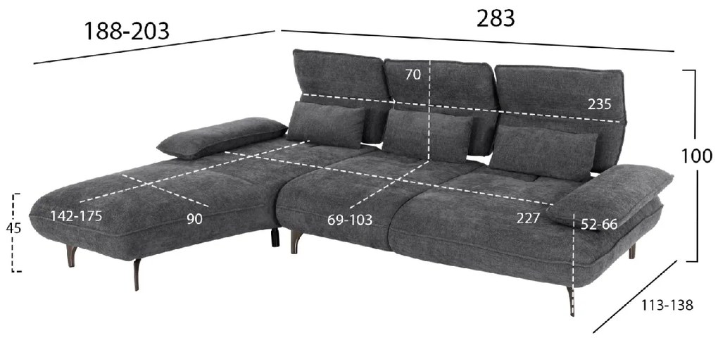 ΓΩΝΙΑΚΟΣ ΚΑΝΑΠΕΣ (ΑΡΙΣΤΕΡΗ) CONVERT HM3268.03L ΓΚΡΙ ΥΦΑΣΜΑ 283x188x100Υεκ.