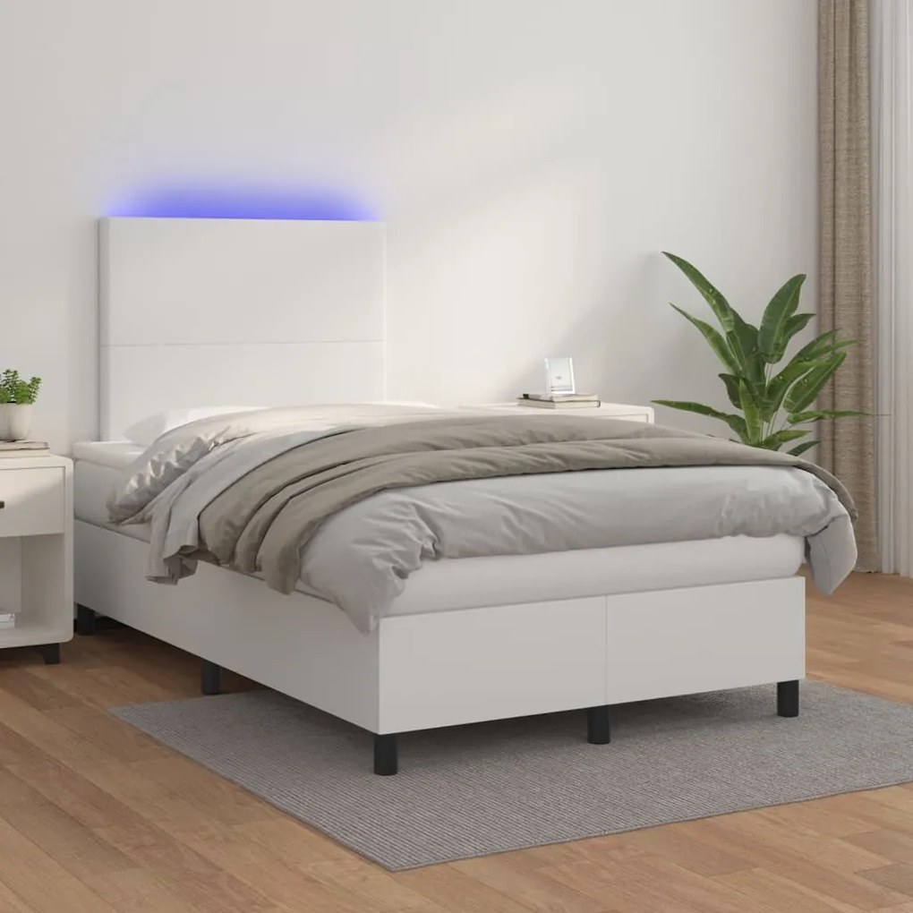 vidaXL Κρεβάτι Boxspring με Στρώμα & LED Λευκό 120x200 εκ. Συνθ. Δέρμα