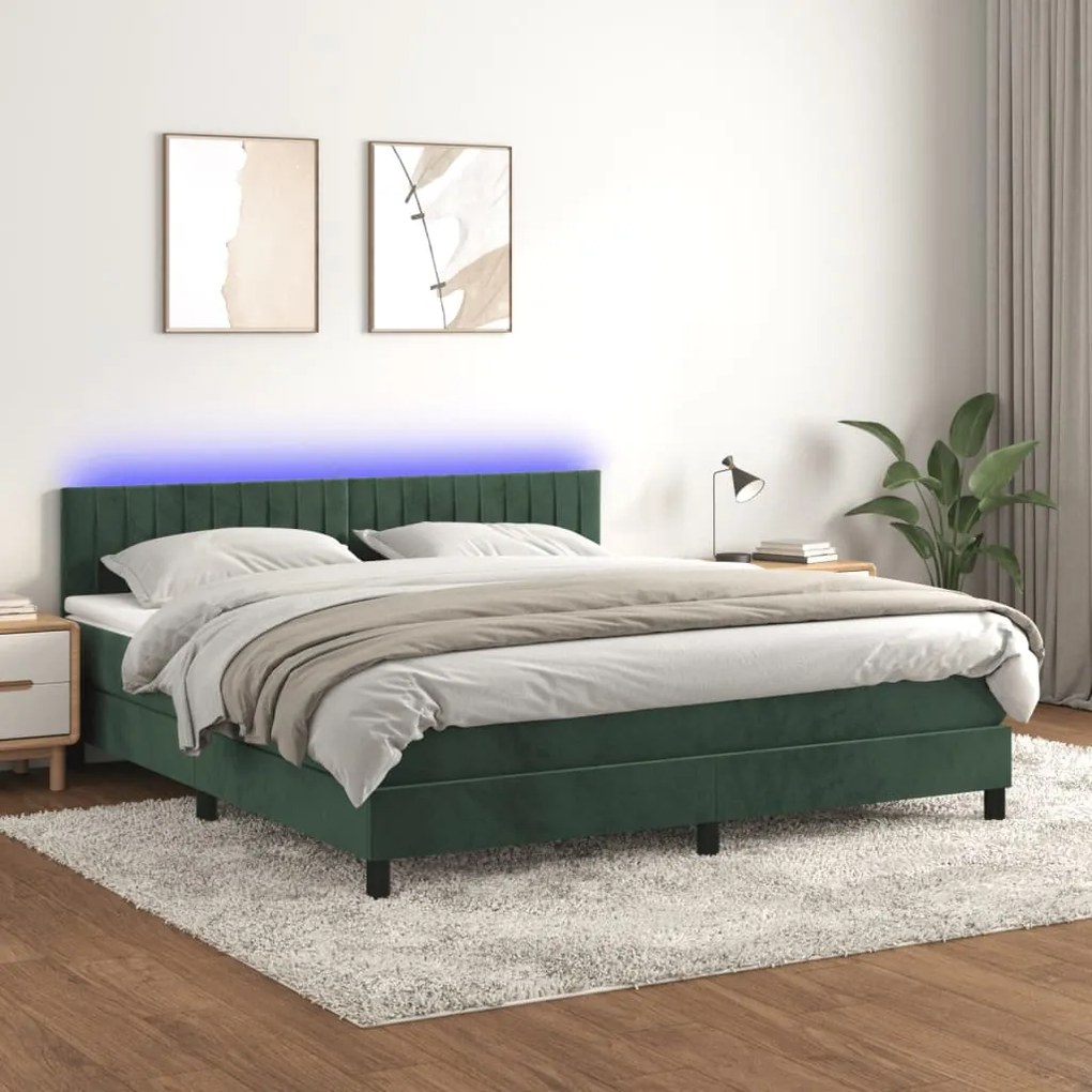 Κρεβάτι Boxspring με Στρώμα & LED Σκ. Πράσινο 180x200εκ Βελούδο