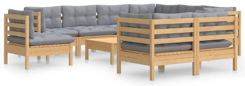 vidaXL Σαλόνι Κήπου Σετ 10 Τεμαχίων Μασίφ Ξύλο Πεύκου & Γκρι Μαξιλάρια