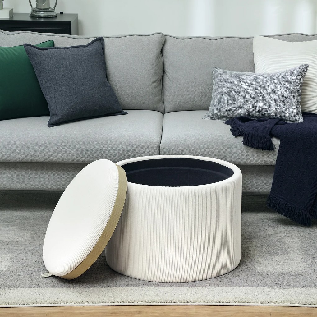 HOMCOM Σκαμπό αποθήκευσης με αποθηκευτικό χώρο, στρογγυλό, υποπόδιο, ύφασμα κοτλέ, MDF, Κρεμ λευκό