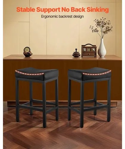 VEVOR Bar Stool Set of 2, PU Leather Counter Height Stools, 62cm Barstool with Saddle-Seat and Metal Legs, Easy Assembly Backless Bar Chair, Island Barstools for Kitchen, Dining Room, Cafe, Black