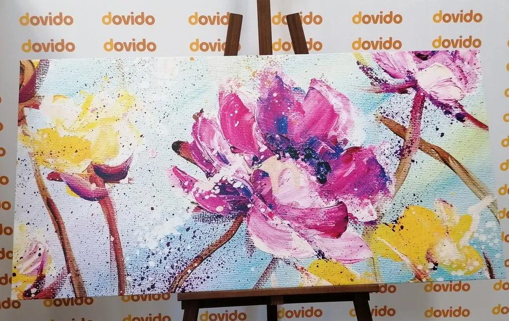 Εικόνα ζωγραφικής με κίτρινα και μοβ λουλούδια - 120x60