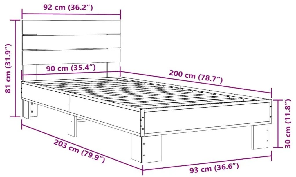 Πλαίσιο Κρεβατιού Γκρι Sonoma 90x200 εκ. Επεξ. Ξύλο &amp; Μέταλλο - Γκρι