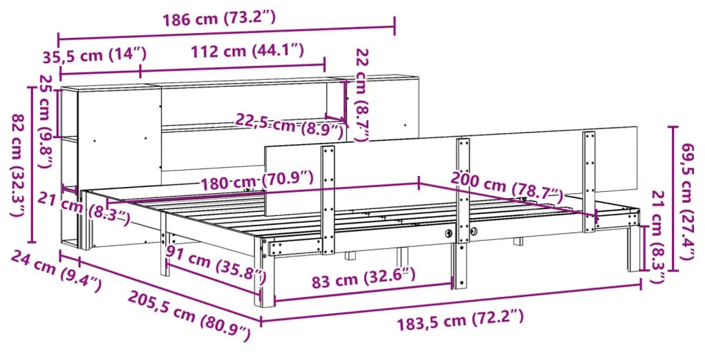 Κρεβάτι Βιβλιοθήκη Χωρίς Στρώμα 180x200 εκ Μασίφ Ξύλο Πεύκου - Λευκό