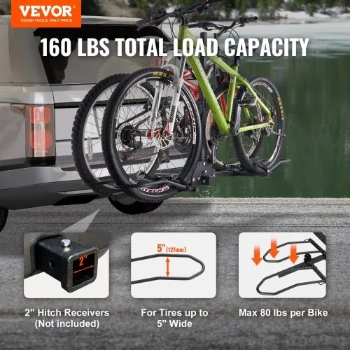 VEVOR Hitch Mount Bike Rack, 2-Bike Platform Style, 160 LBS Max Capacity Bike Rack Hitch for 2-inch Receiver, Titling and Folding Bike Carrier with Tires up to 5&quot; Wide, for Car, SUV, Truck, RV, Rectangular interface