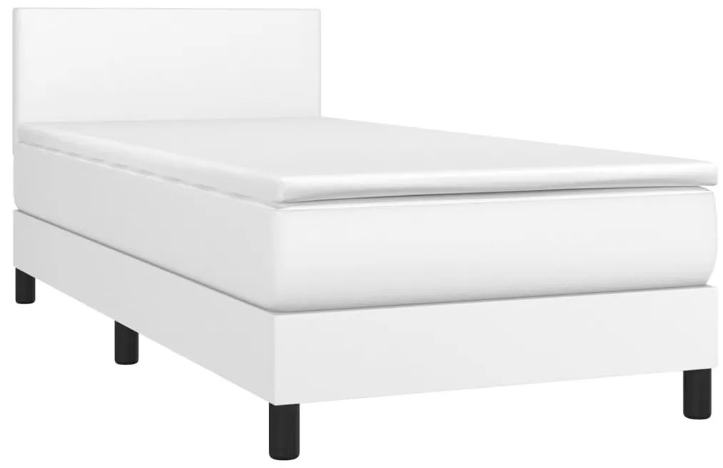 Κρεβάτι Boxspring με Στρώμα &amp; LED Λευκό 90x190 εκ. Συνθ. Δέρμα - Λευκό