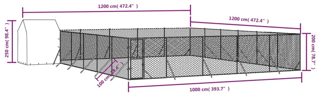 vidaXL Κλουβί Σκύλου Εξ. Χώρου με Οροφή Ασημί 12x12x2,5 μ Γαλβ. Ατσάλι