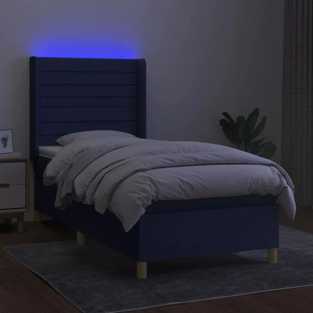 Κρεβάτι Boxspring με Στρώμα &amp; LED Μπλε 90x200 εκ. Υφασμάτινο - Μπλε