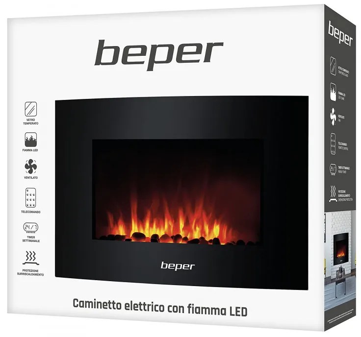 Ηλεκτρικό τζάκι Beper RI.503, 2000W, 5 ρυθμίσεις, 3D φλόγα, Επιτοίχια τοποθέτηση, Εβδομαδιαίος χρονοδιακόπτης, Τηλεχειριστήριο, Μαύρο