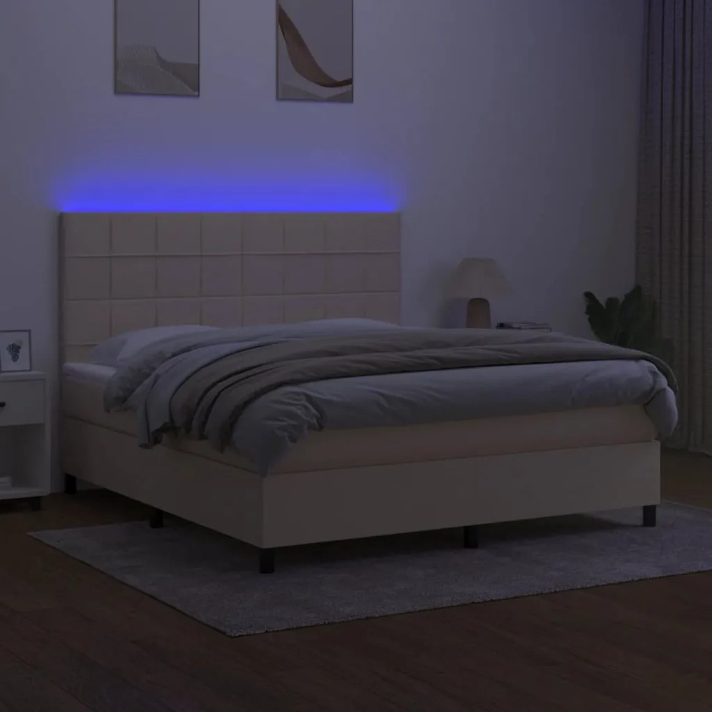 Κρεβάτι Boxspring με Στρώμα &amp; LED Κρεμ 180x200 εκ. Υφασμάτινο - Κρεμ