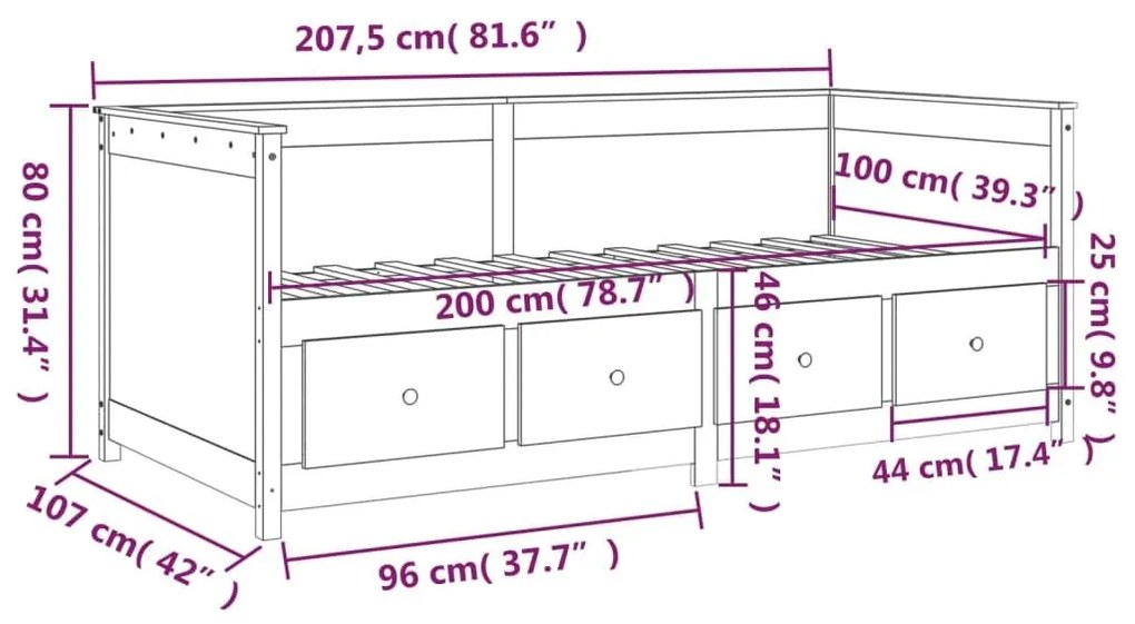 Κρεβάτι ημέρας χωρίς στρώμα 100x200 cm Στερεό ξύλο πεύκο - Καφέ