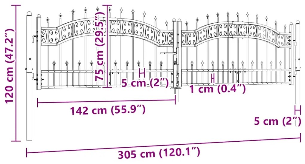 vidaXL Πόρτα Περίφραξης με Κορυφή Δόρυ Μαύρη 305x75 εκ. από Ατσάλι με Ηλεκτροστατική Βαφή