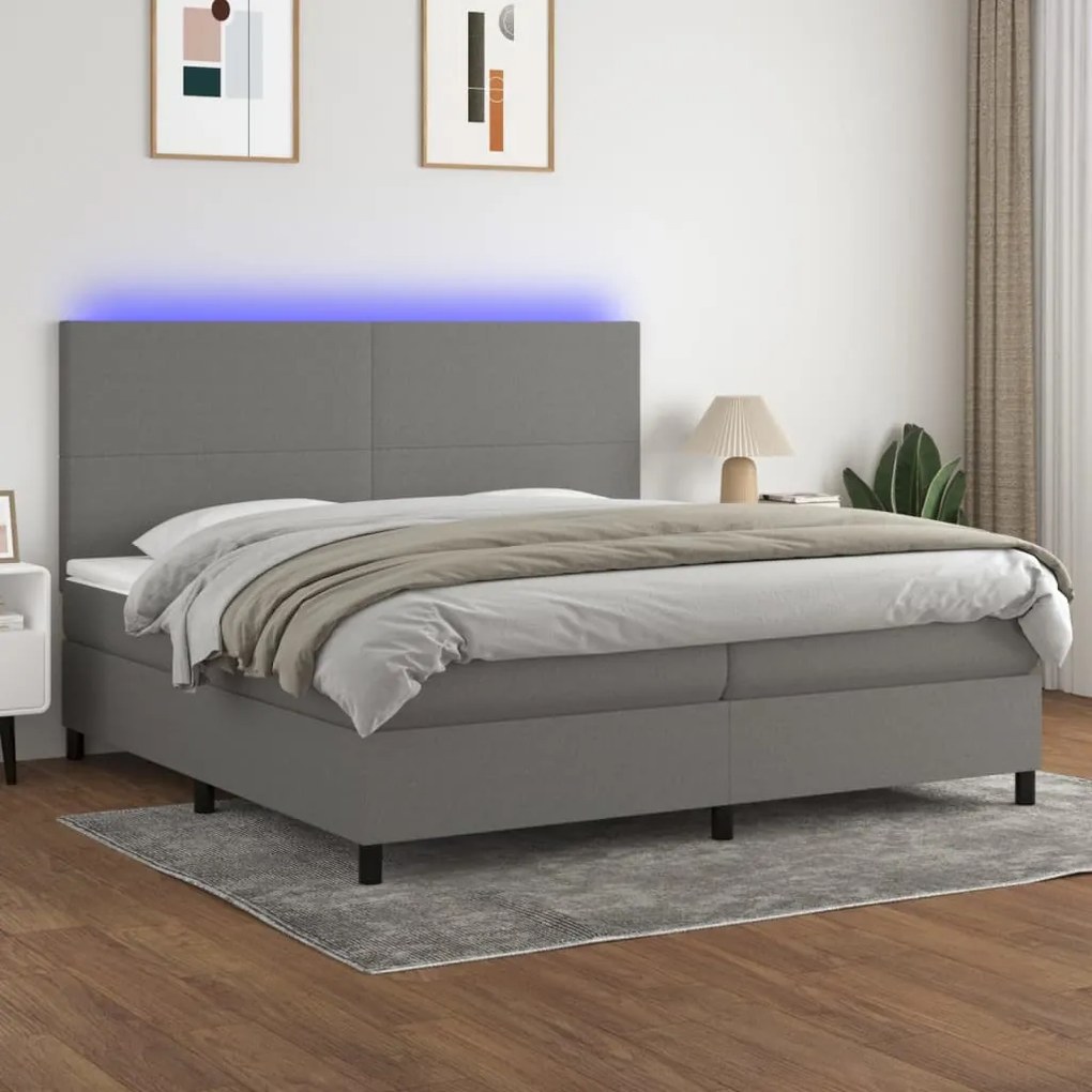 Κρεβάτι Boxspring με Στρώμα &amp; LED Σκ.Γκρι 200x200εκ. Υφασμάτινο