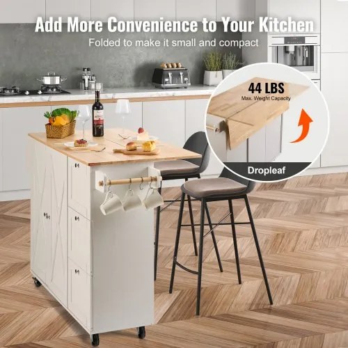 VEVOR Kitchen Island Cart with Solid Wood Top, 45.3&quot; Width Mobile Carts with Storage Cabinet, Rolling Kitchen Table with Spice Rack, Towel Rack, Drop Leaf and Drawer, Portable Islands on Wheels, White