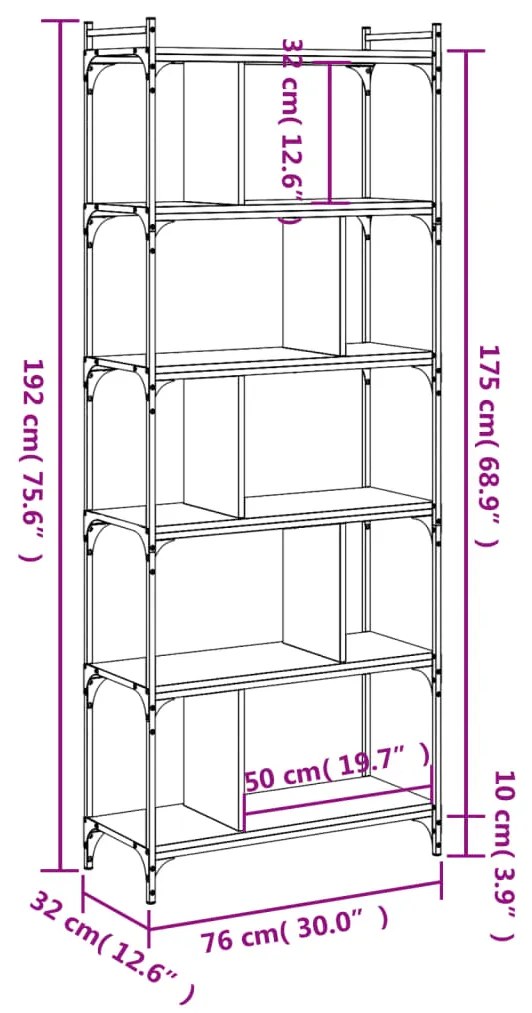 Βιβλιοθήκη 6 Επιπέδων Sonoma Δρυς 76 x 32 x 192 εκ. Επεξ. Ξύλο - Καφέ