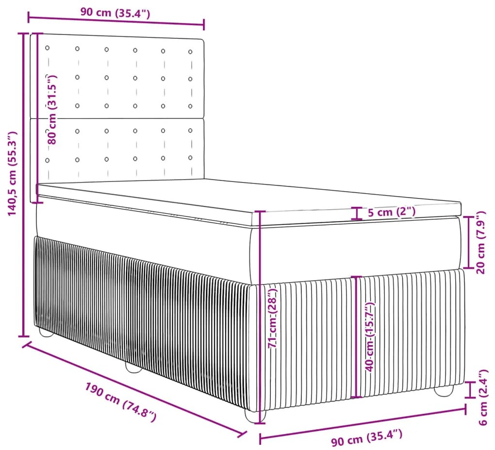 Κρεβάτι Boxspring με Στρώμα Ανοιχτό Γκρι 90x190 εκ. Βελούδινο - Γκρι