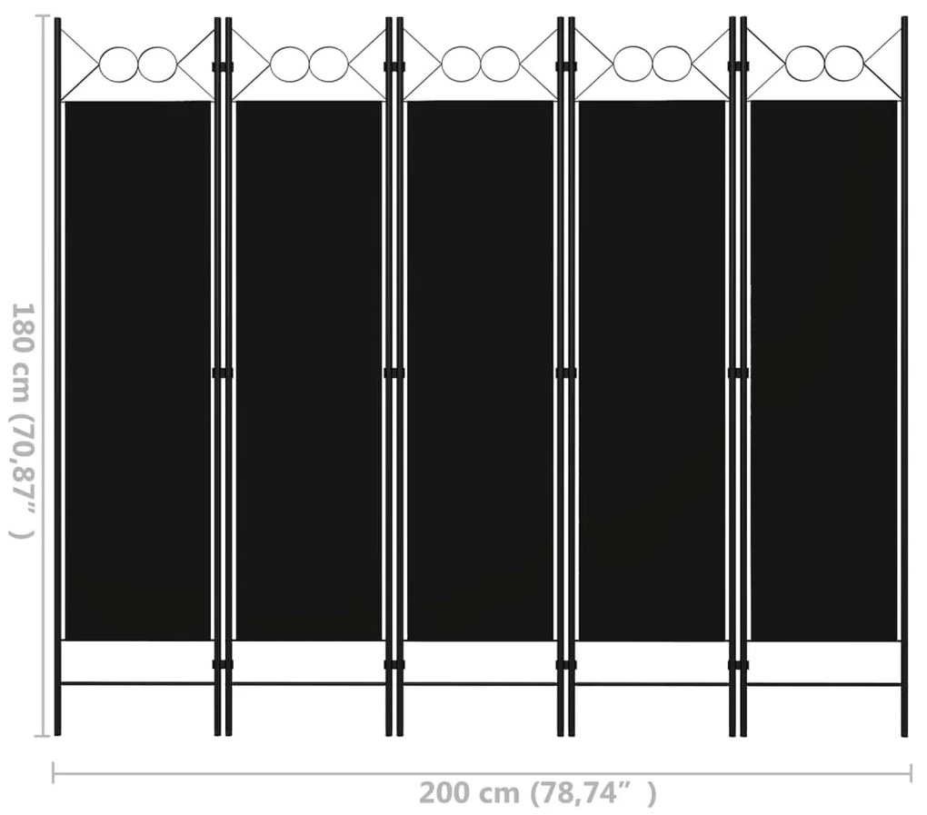 vidaXL Διαχωριστικό Δωματίου με 5 Πάνελ Μαύρο 200 x 180 εκ.