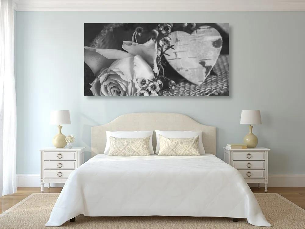 Εικόνα τριαντάφυλλο και καρδιά σε vintage ασπρόμαυρο σχέδιο - 120x60