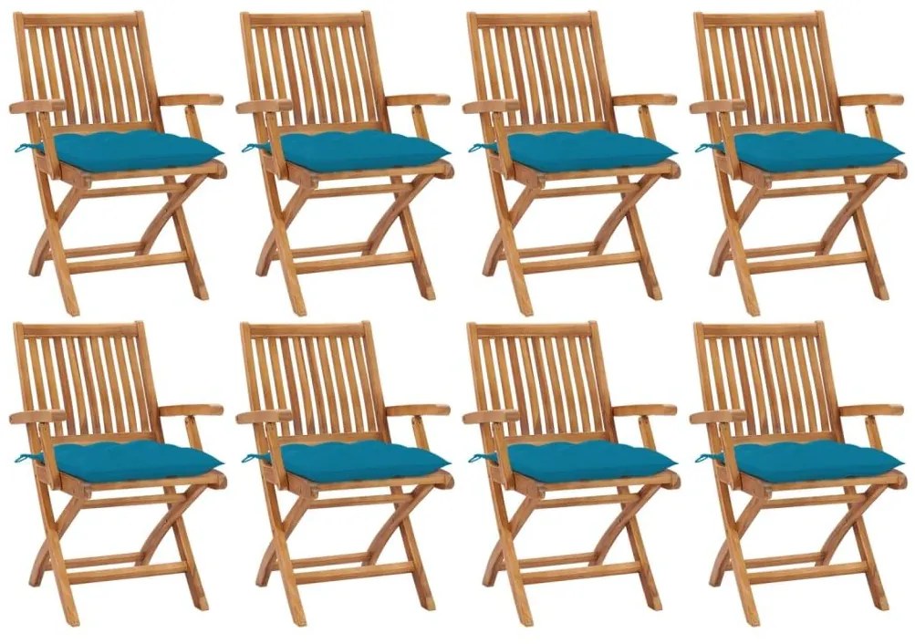 Καρέκλες Κήπου Πτυσσόμενες 8 τεμ. Μασίφ Ξύλο Teak με Μαξιλάρια - Μπλε