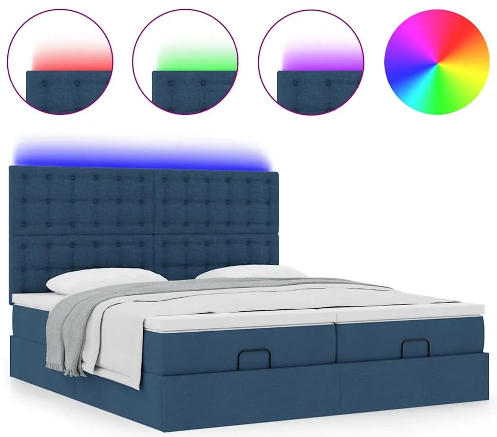 vidaXL Οθωμανικό κρεβάτι με στρώματα & LEDs Μπλε 200x200cm ύφασμα