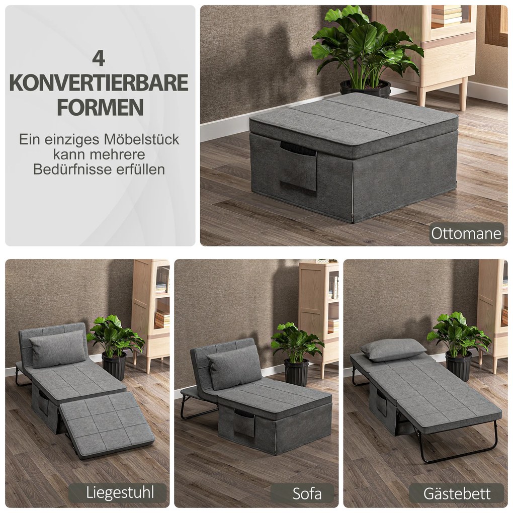 HOMCOM Κρεβάτι-καναπές 4-σε-1, κρεβάτι επισκεπτών, ρυθμιζόμενο ύψος, στρώμα, πλαϊνές τσέπες, μεταλλικό πλαίσιο, γκρι, 188 x 75 x 38 cm