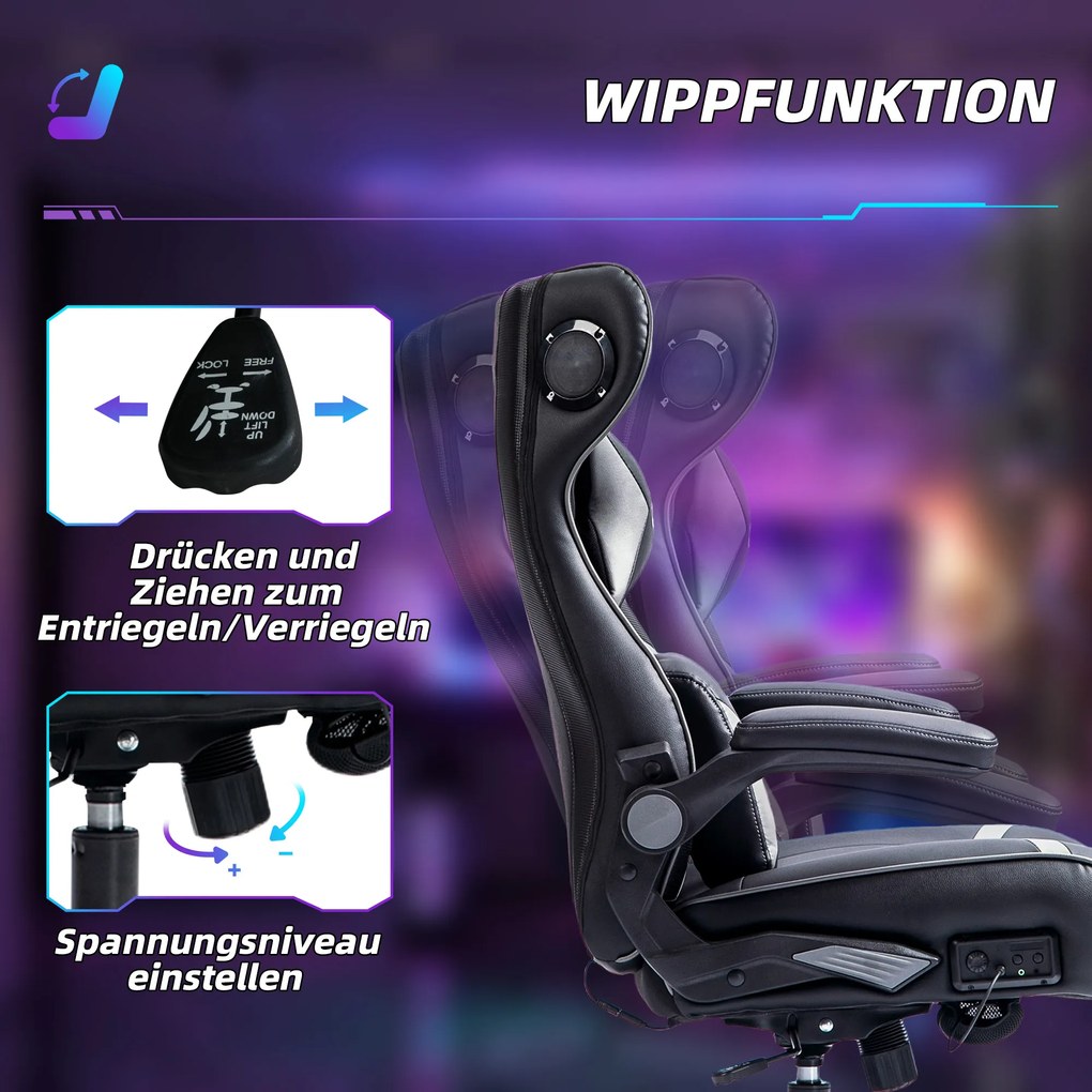 Καρέκλα Gaming Vinsetto με λειτουργία λίκνισης και ηχείο, οσφυϊκή και αυχενική υποστήριξη, για παιδικό δωμάτιο, δερματίνη, Γκρι+Μαύρο