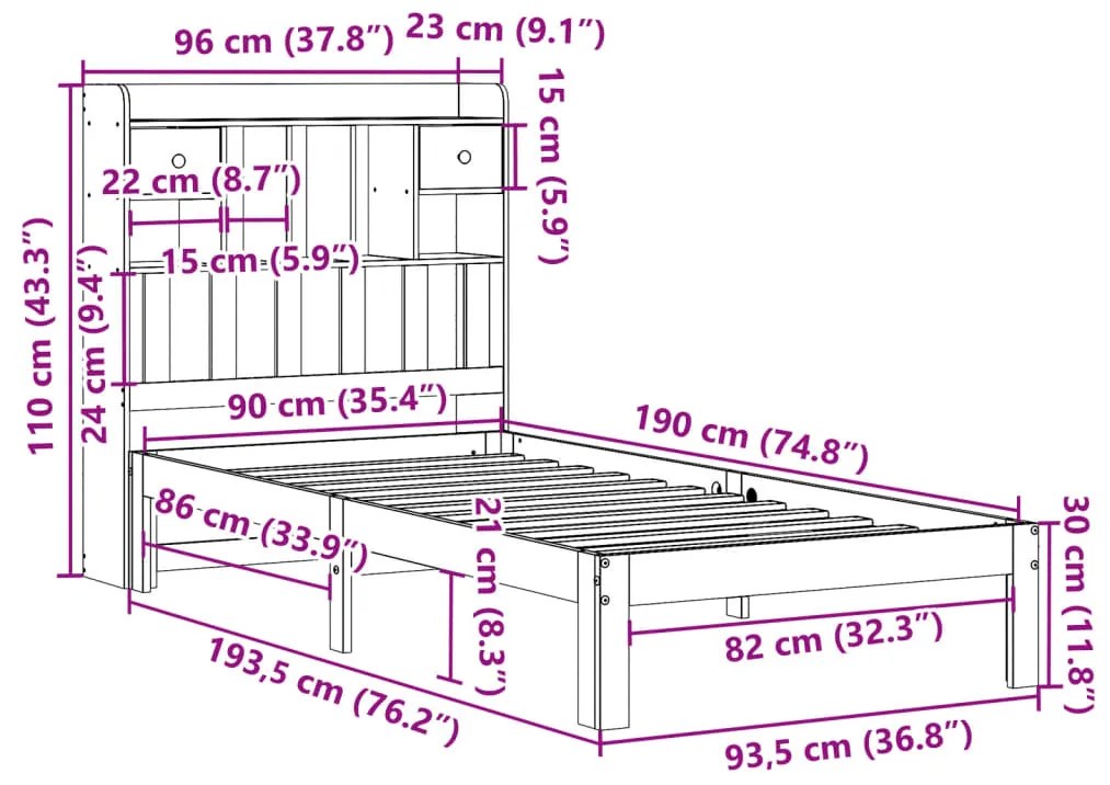 Κρεβάτι Βιβλιοθήκη Χωρίς Στρώμα 90x190 εκ Μασίφ Ξύλο Πεύκου - Καφέ
