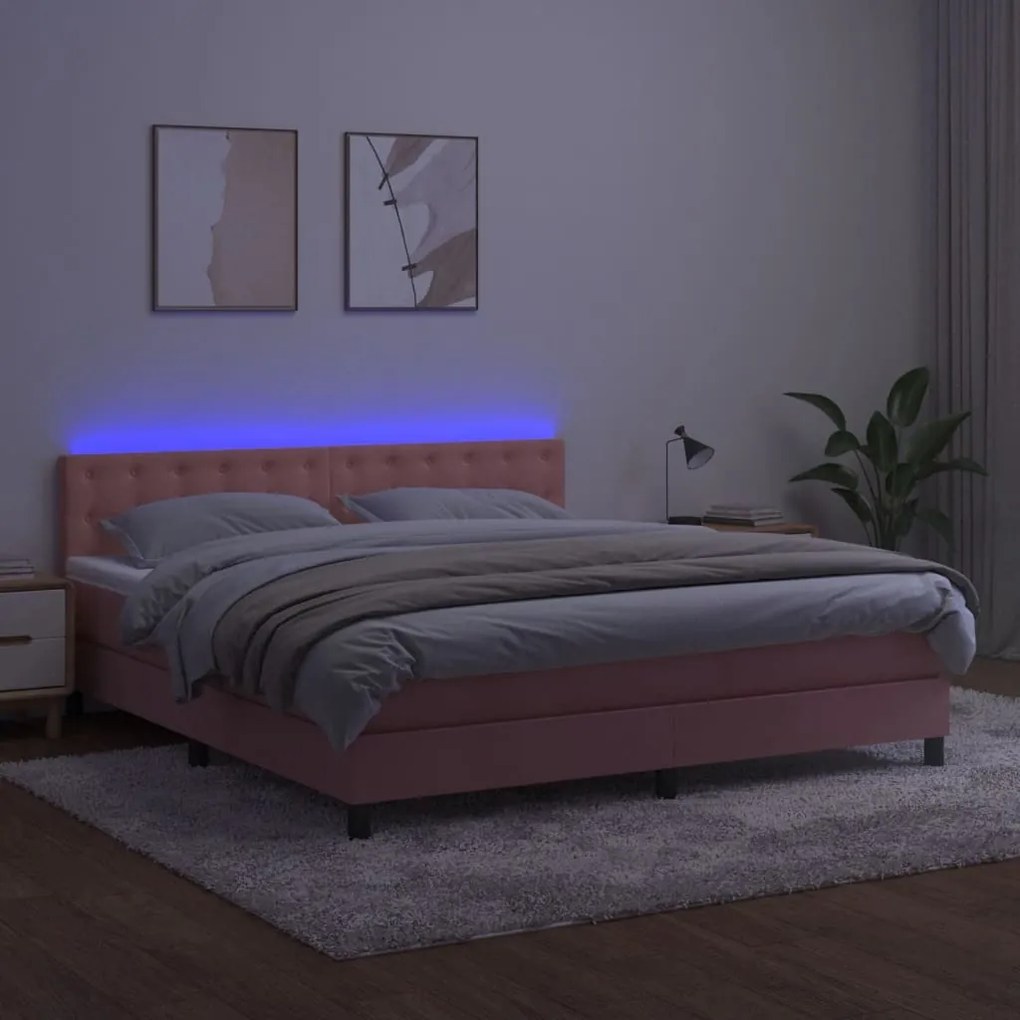 vidaXL Κρεβάτι Boxspring με Στρώμα & LED Ροζ 160x200 εκ. Βελούδινο