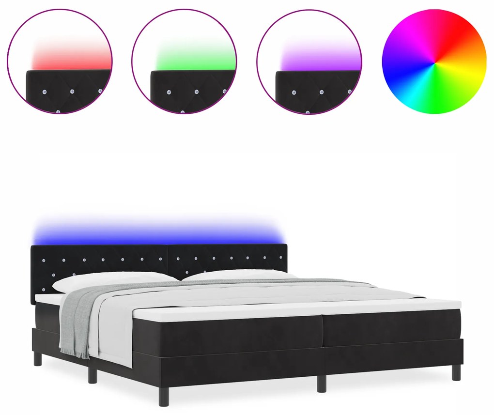 vidaXL Κρεβάτι Box Spring με Στρώμα & LED Μαύρο 200x200 εκ Βελούδο