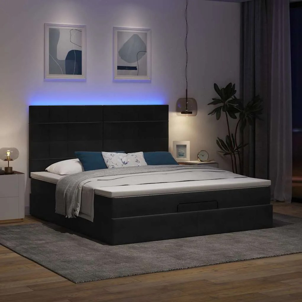 Οθωμανικό κρεβάτι με στρώματα &amp; LEDs Μαύρο 160x200cm Velvet - Μαύρο