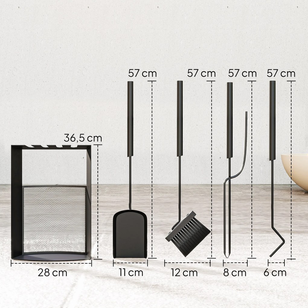 Σετ εργαλείων τζακιού Outsunny 5 τεμαχίων, αξεσουάρ τζακιού με σκούπα, φτυάρι, γάντζο, τσιμπίδα, βάση, μέταλλο, μαύρο