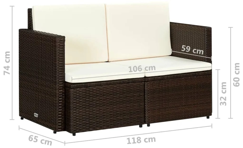 vidaXL Καναπές Κήπου Διθέσιος Καφέ από Συνθετικό Ρατάν με Μαξιλάρια