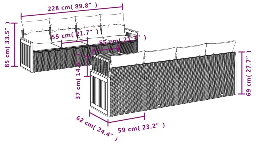 vidaXL Σαλόνι Κήπου Σετ 9 τεμ. Μπεζ Συνθετικό Ρατάν με Μαξιλάρια