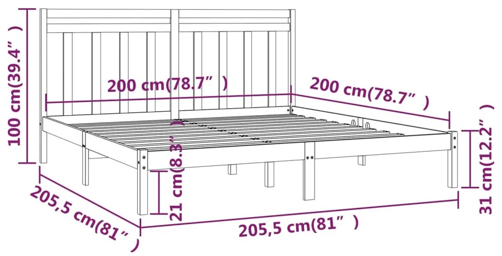 vidaXL Πλαίσιο Κρεβατιού Μαύρο 200 x 200 εκ. από Μασίφ Ξύλο