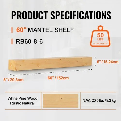 VEVOR Fireplace Mantel Wood Shelf Floating Rustic Fireplace Mantel 60&quot; Natural