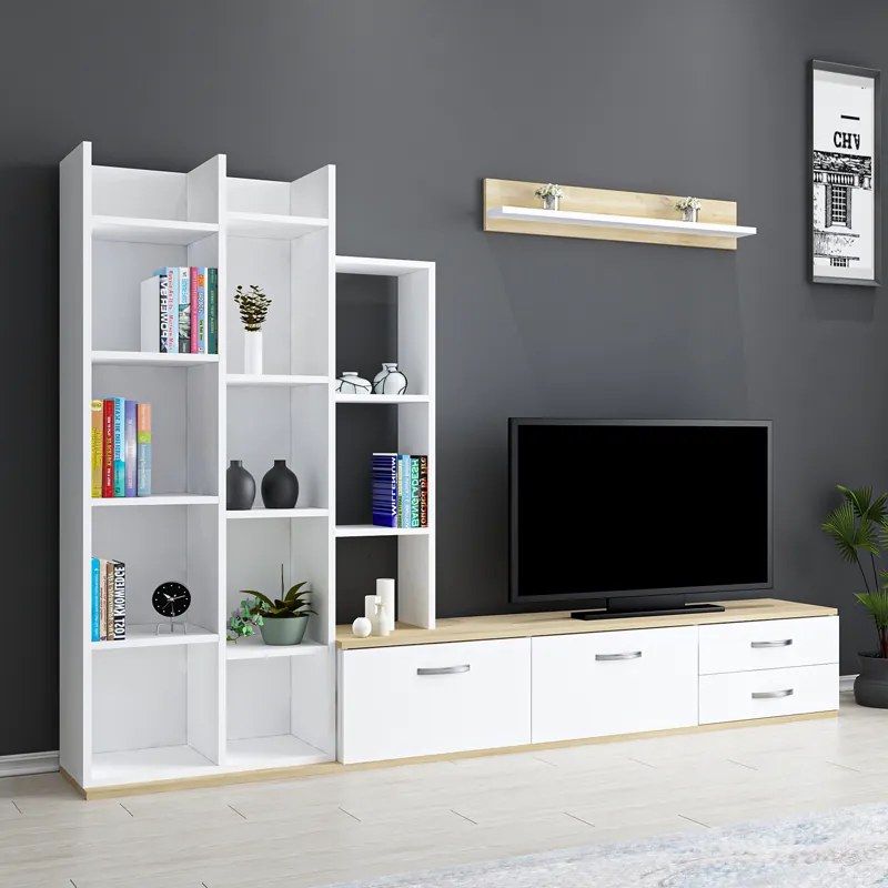 Σύνθεση σαλονιού Leman pakoworld σε λευκή-oak απόχρωση 240x35x154εκ - 120-000488