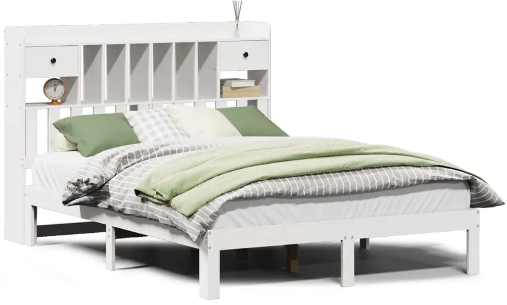 vidaXL Κρεβάτι Βιβλιοθήκη Χωρίς Στρώμα Λευκό 135x190 εκ Μασίφ Πεύκο