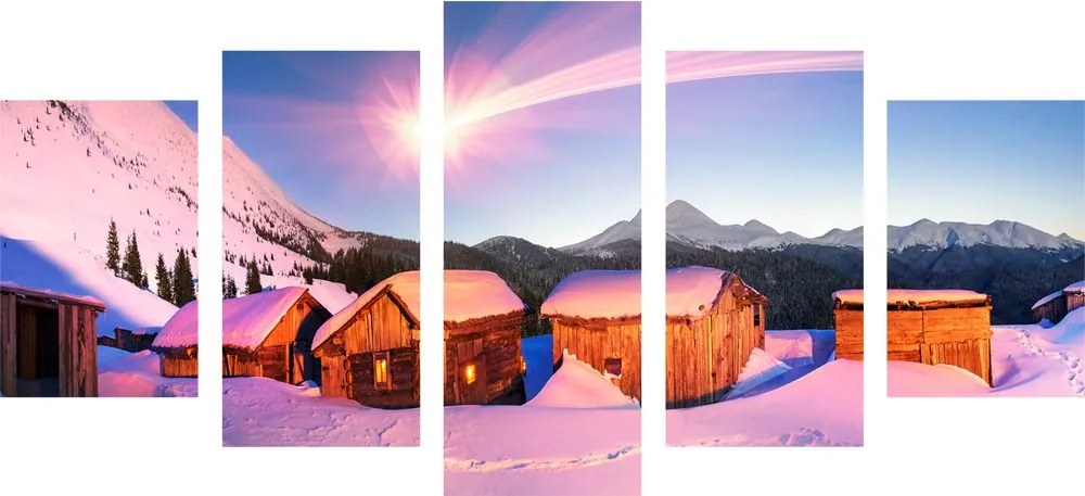 Εικόνα 5 τμημάτων χιονισμένο ορεινό χωριό