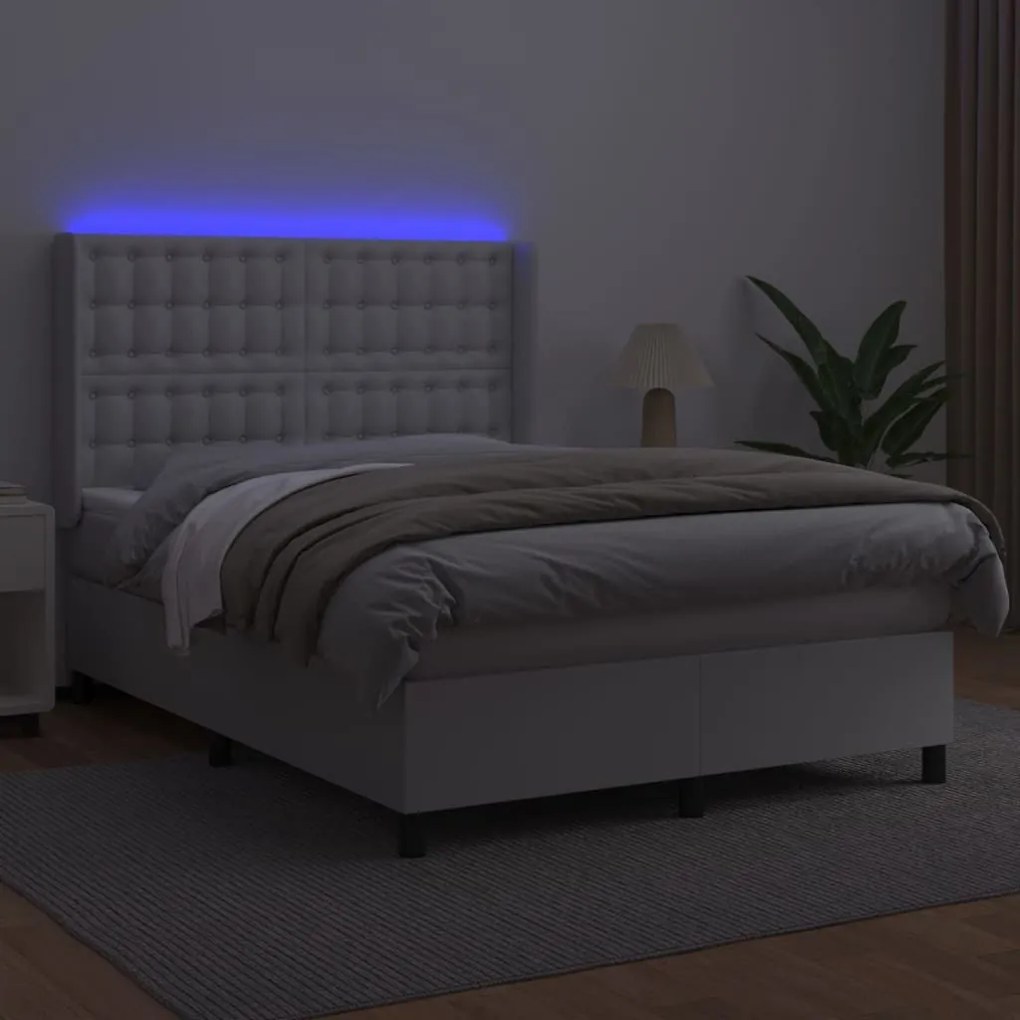 Κρεβάτι Boxspring με Στρώμα &amp; LED Λευκό 140x190 εκ. Συνθ. Δέρμα - Λευκό