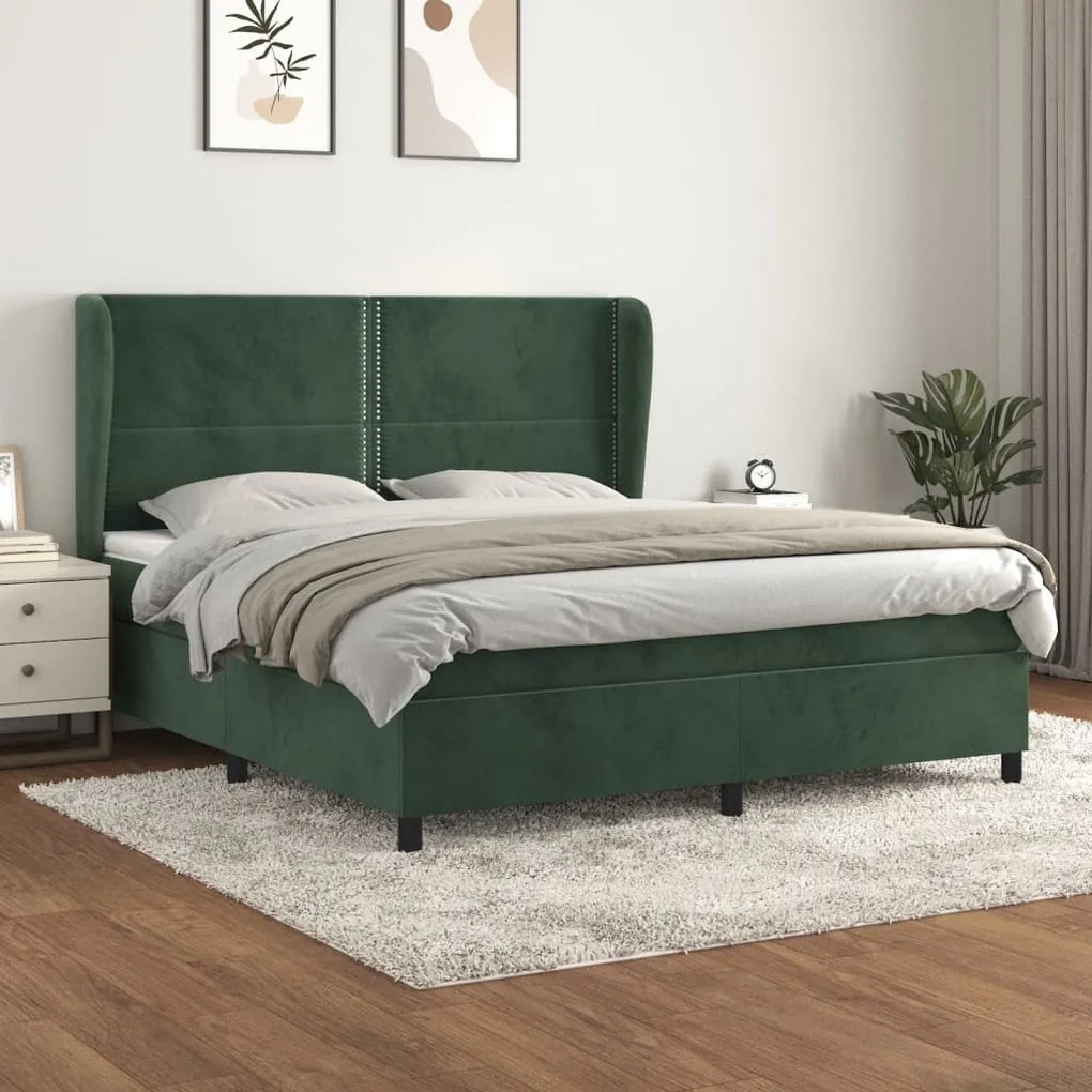 Κρεβάτι Boxspring με Στρώμα Σκούρο Πράσινο 160x200εκ. Βελούδινο