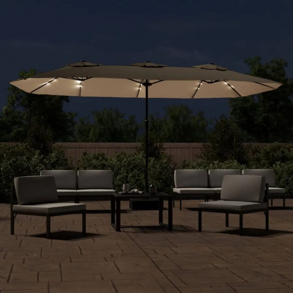 Ομπρέλα Κήπου με Διπλή Κορυφή και LED Taupe 449 x 245 εκ. - Μπεζ-Γκρι