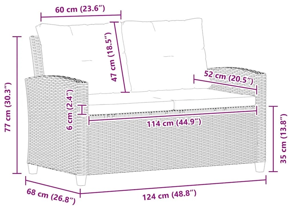 vidaXL Καναπές Κήπου Διθέσιος Γκρι 124 εκ. Συνθ. Ρατάν με Μαξιλάρια