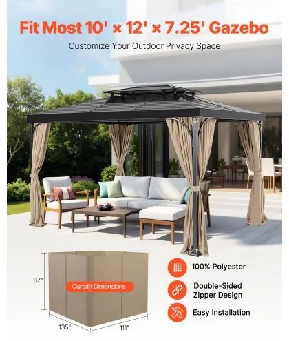 VEVOR Gazebo Privacy Curtain 12&#039; x 10&#039; x 7.3&#039; Waterproof Gazebo Curtains Khaki