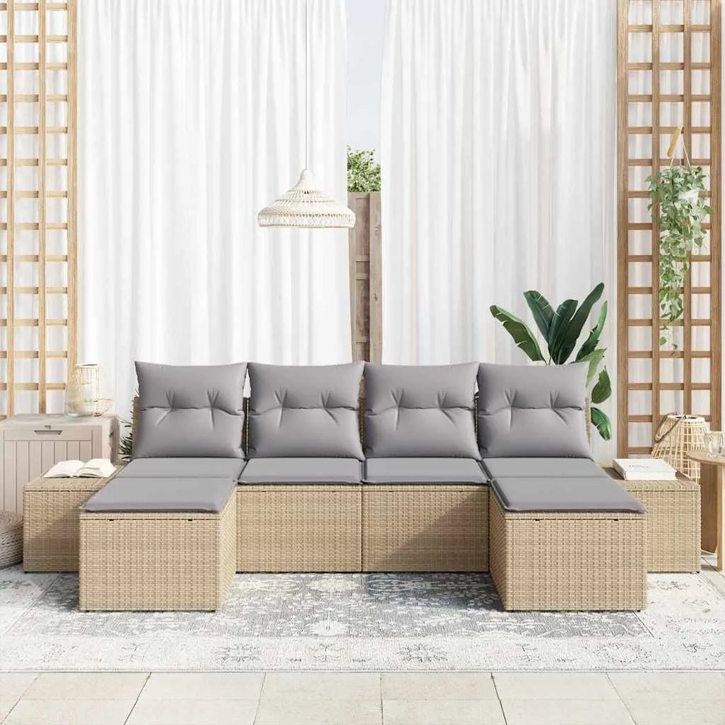 vidaXL Σετ Καναπέ Κήπου με μαξιλάρι 6 pcs Μπεζ Πολυ ράταν