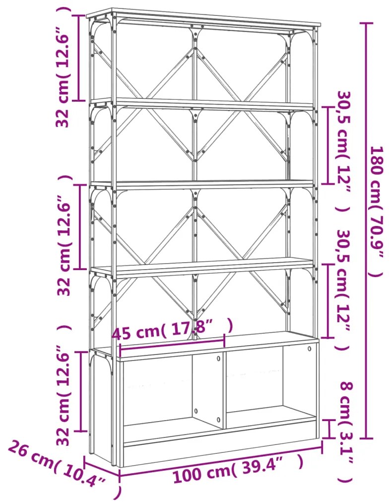 Βιβλιοθήκη Καφέ Δρυς 100x26x180 εκ. Επεξεργ. Ξύλο &amp; Μέταλλο - Καφέ