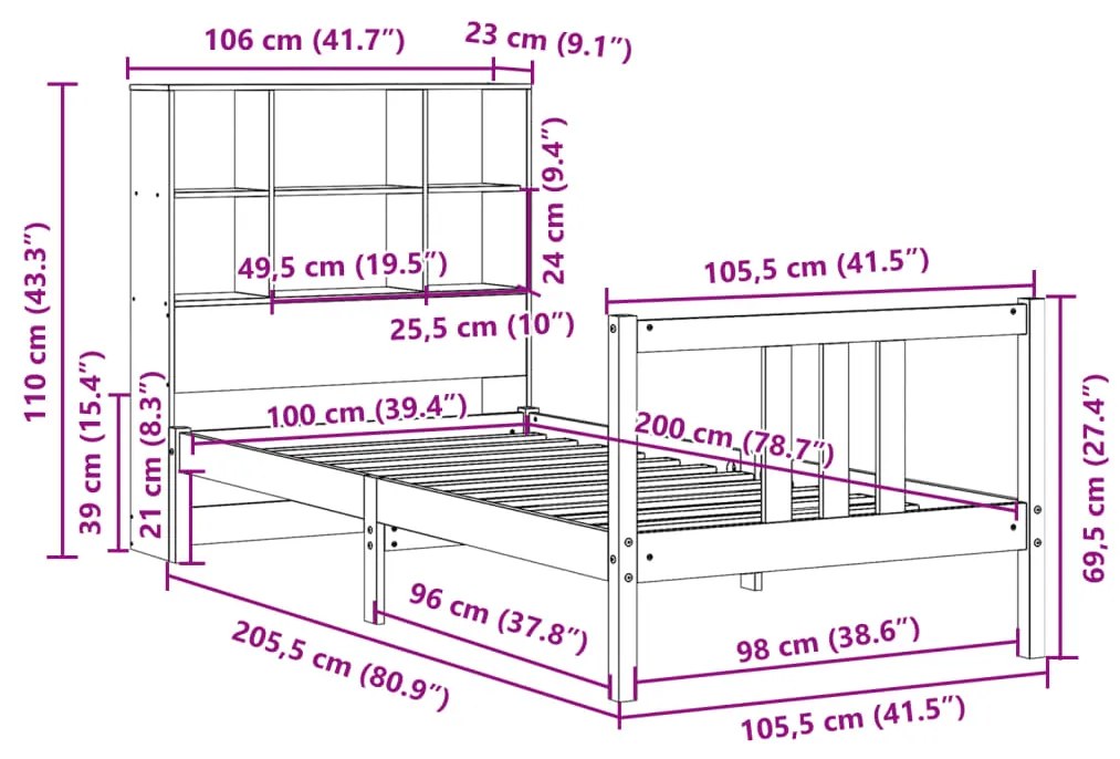 Κρεβάτι Βιβλιοθήκη Χωρίς Στρώμα 100x200 εκ. Μασίφ Ξύλο Πεύκο - Λευκό