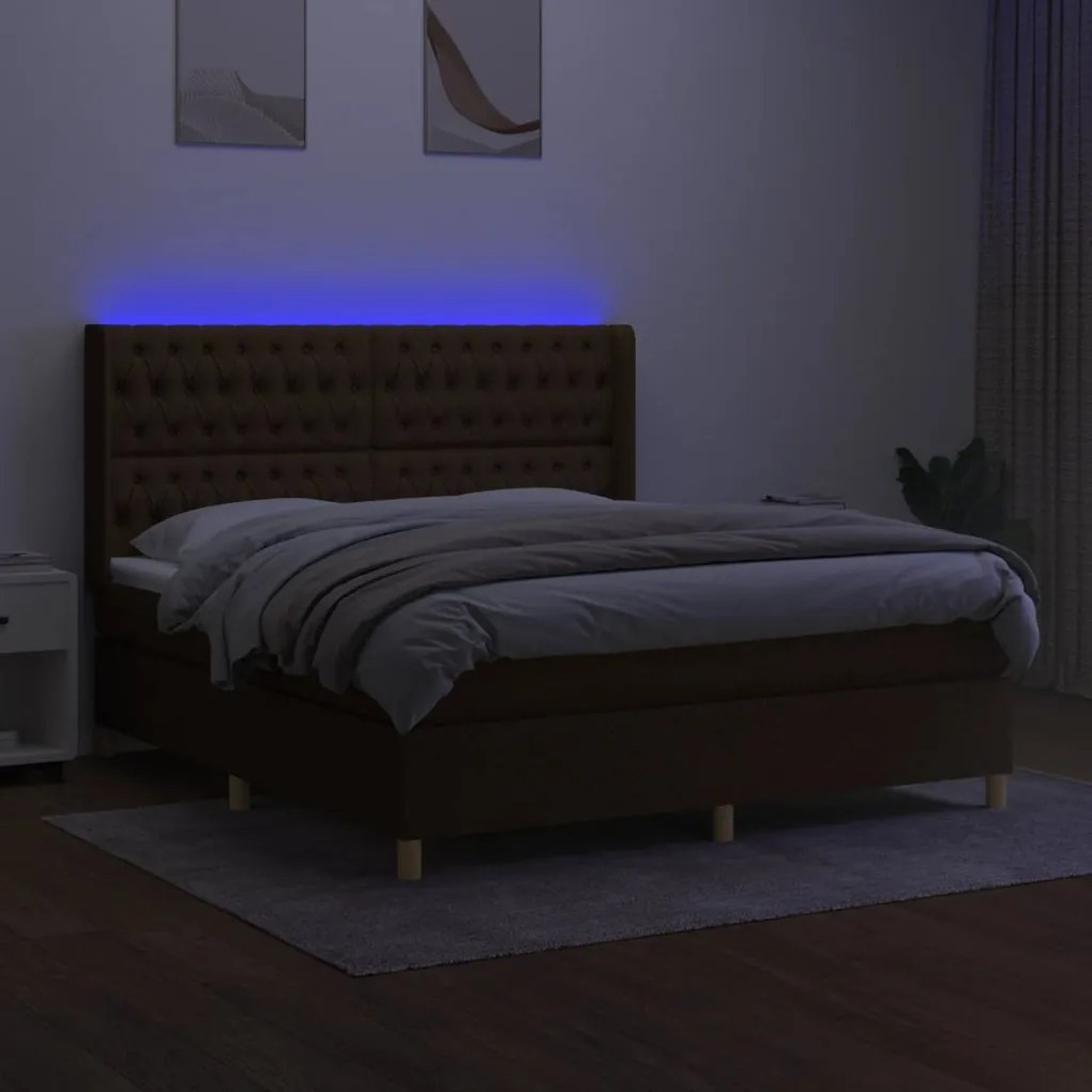 Κρεβάτι Boxspring με Στρώμα &amp; LED Σκ.Καφέ 180x200εκ. Υφασμάτινο - Καφέ