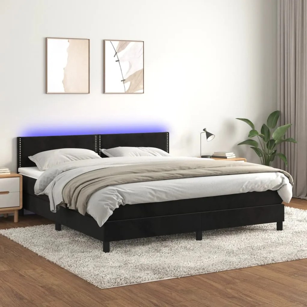 vidaXL Κρεβάτι Boxspring με Στρώμα & LED Μαύρο 160x200 εκ. Βελούδινο