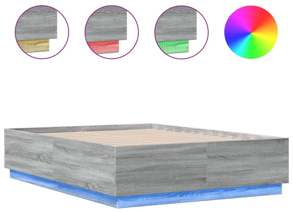 vidaXL Πλαίσιο Κρεβατιού με LED Γκρι Sonoma 135x190εκ. Επεξ. Ξύλο